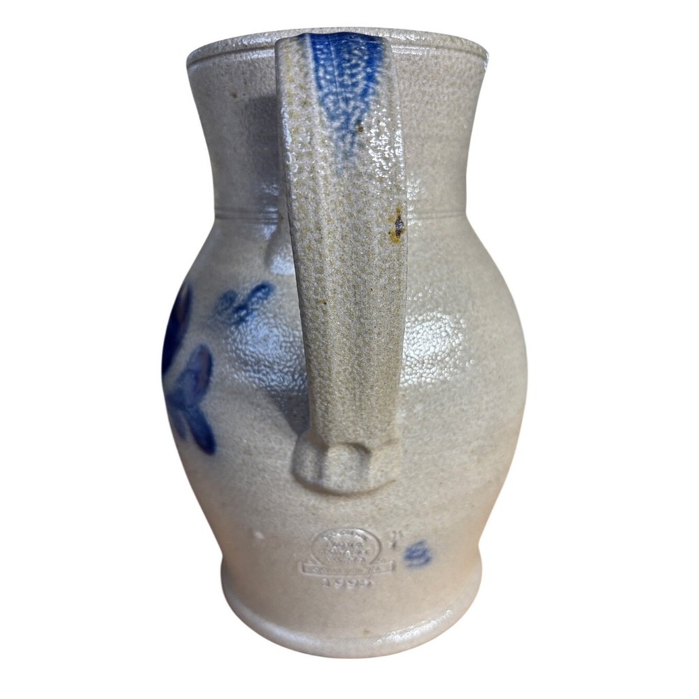 Rowe Pottery Salt Glazed Pitcher Jug Vintage 1995 Stoneware Blue Heart Motif 9" - Picture 3 of 11
